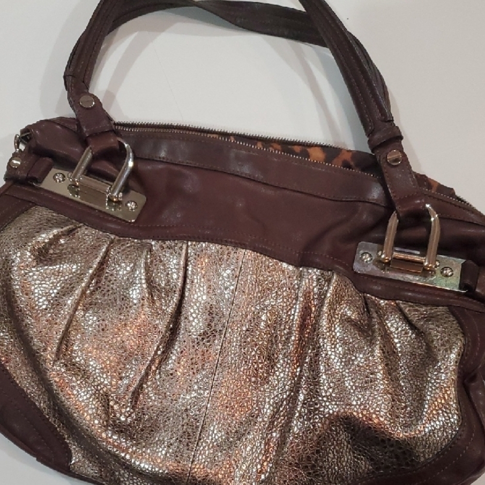 B. Makowsky Metallic and Brown Heavy Shoulder Bag 2 Outside Pockets 12 X16 - Picture 13 of 16